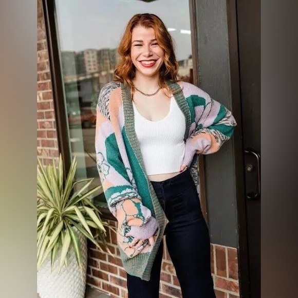 FREE PEOPLE GRAPHIC ABSTRACT AUGUST CARDIGAN - ORCHID TEAL - Picture 10 of 11